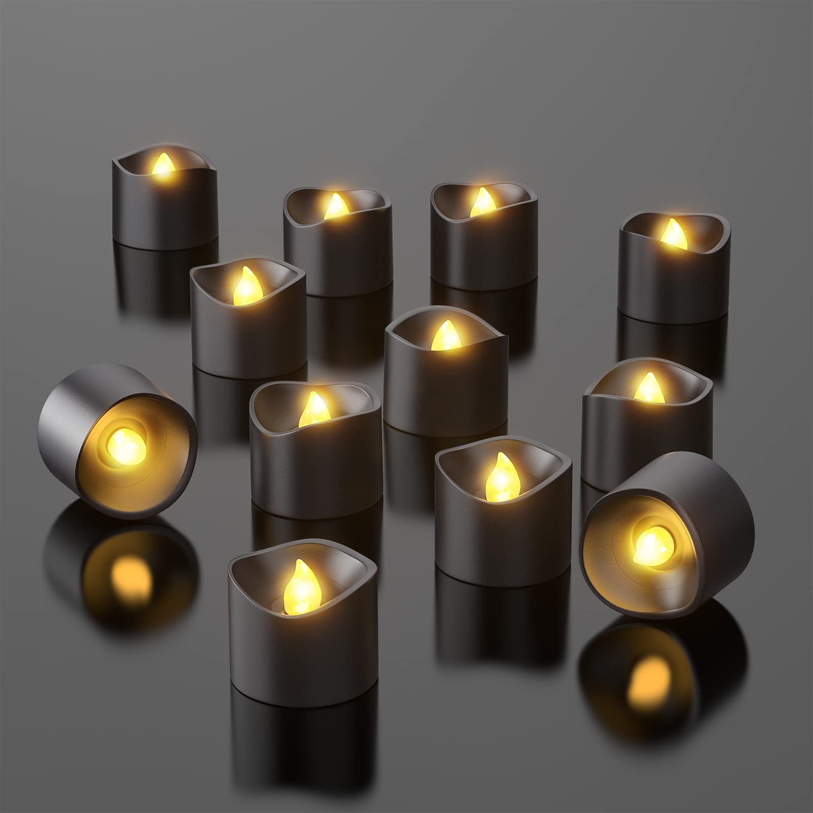 Punasi Black Led Tea Lights, Set Of 12 Battery Operated Tealights Flickering Flameless Votive Candles With Realistic Warm White